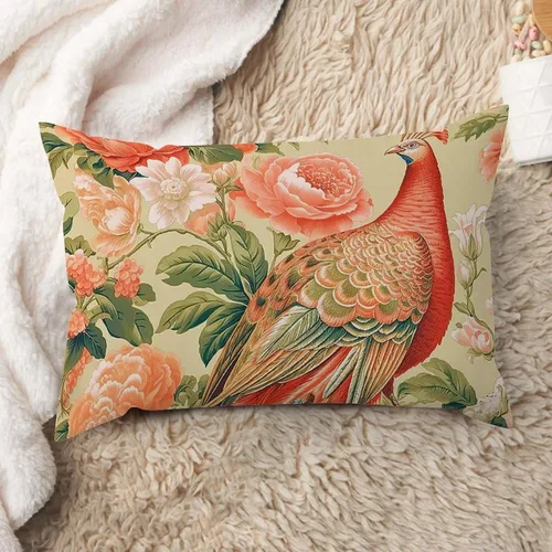 Vista 31 de ArogGeld Fundas de cojín de estilo chinoiserie, diseño de flores y pájaros, color rosa rubor, diseño de animales de pavo real, jardín asiático