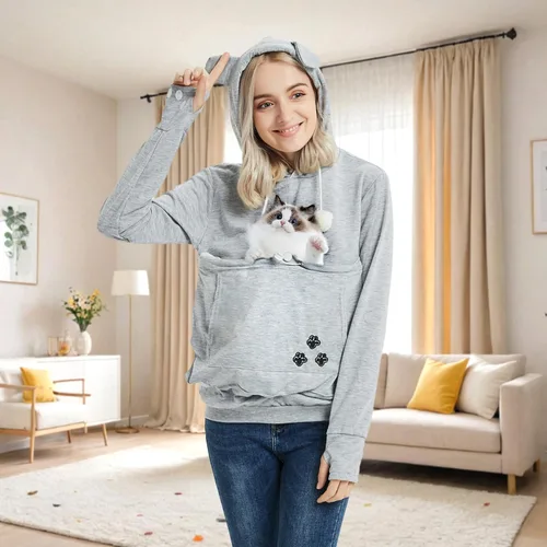 Vista 3 de YYW Sudadera con capucha para mujer, sudadera de gran tamaño con capucha para gatos, soporte para mascotas y perros (gris, M)
