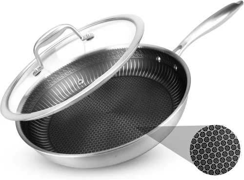 Vista 11 de NutriChef Juego de 6 sartenes de acero inoxidable de tres capas, sartenes antiadherentes de 8, 10 y 12 pulgadas con tapas, compatibles