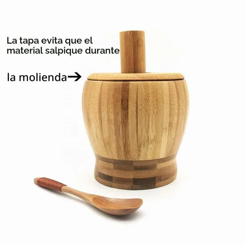 Vista 4 de Juego de mortero y mortero de madera con tapa y cuchara