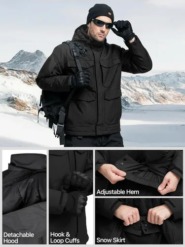 Vista 5 de FREE SOLDIER Chaqueta de esquí impermeable para hombre, abrigo cálido de invierno para nieve, snowboard con múltiples bolsillos, capucha desmontable