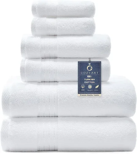 Vista 35 de COZYART - Juego de 6 toallas de baño de algodón turco, color azul claro, suaves, altamente absorbentes y duraderas, 19.17 oz/yd², incluye 2 toallas