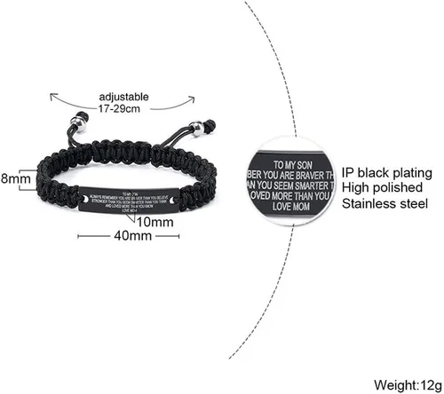 Vista 2 de Pulsera de macramé personalizada hecha a mano con estilo de cuerda trenzada para mi hijo, siempre recuerda que eres más valiente, pulsera
