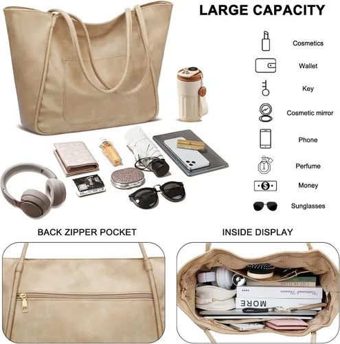 Vista 4 de Bolso grande de mano para mujer con cierre de trabajo, cartera de cuero para viajes y bolsos de KKXIU