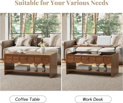 Vista 12 de Mesa de centro elevable con compartimento oculto, mesa central de madera de 2 niveles con panel ondulado, moderna mesa elevadora para el hogar, sala
