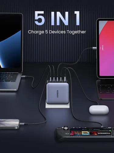Vista 3 de UGREEN Nexode 100W GaN Cargador USB C para Laptop de 5 Puertos, Adaptador de Corriente de Carga Rápida Compatible con MacBook Pro/Air, iPhone Serie
