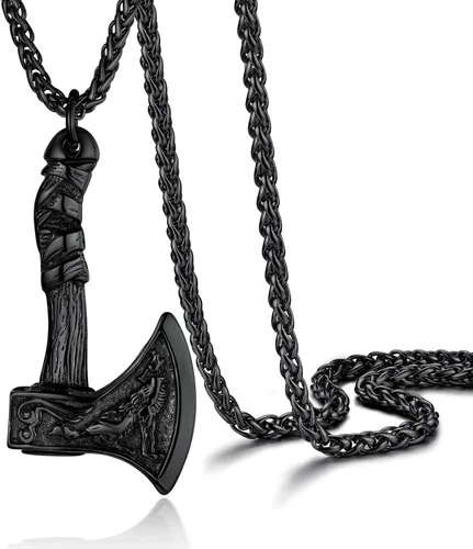 Vista 10 de PROSTEEL Thor Hammer/Thor Axe/Raven/Odin Necklace for Men Women Negro