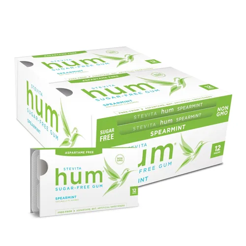 Vista 12 de Stevita Hum, Bubblegum - Goma de mascar sin azúcar - 12 piezas, paquete de 12 - Apoya la salud oral - Sin OMG, vegetariano, keto, sin gluten - 72