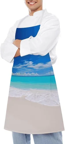 Vista 4 de MUSM White Beach Tropical Sea Apron，Classic Vintage Funny with Pockets Aprons,Adjustable Bib Waterdrop Resistant for Kitchen Cooking Restaurant BBQ