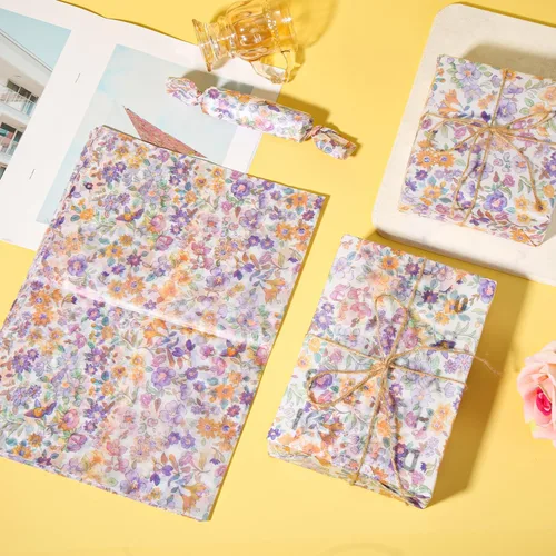 Vista 4 de 30 piezas de papel de regalo estampado de flores, 13.77 x 19.68 pulgadas, papel de seda floral morado, paquete de regalo, papel de seda