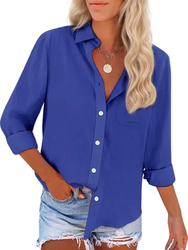 Vista 24 de Camisas de algodón con botones, para mujer, camisas de vestir Oxford, camisas de trabajo de manga larga, blusas con cuello y bolsillo