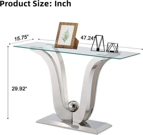 Vista 2 de 1 mesa de consola para sala de estar, mesa de entrada de cristal de lujo, moderna mesa de consola plateada con base de pedestal de acero inoxidable
