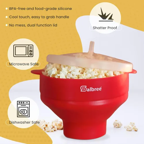 Vista 5 de La máquina original de palomitas de maíz Salbree plegable de silicona para microondas, recipiente microondas con capacidad para 16 tazas, utiliza