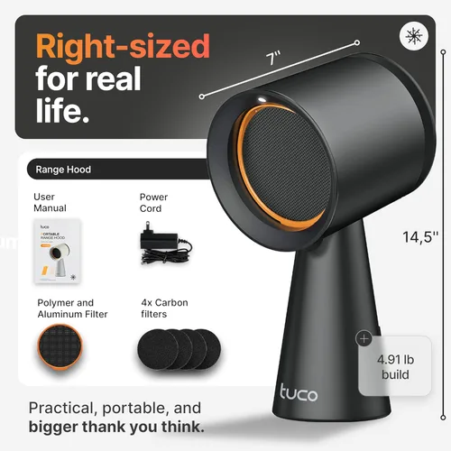 Vista 7 de TUCO Campana extractora portátil, ventilador de extracción de escritorio para cocina con 3 velocidades, filtro triple de polímero, aluminio