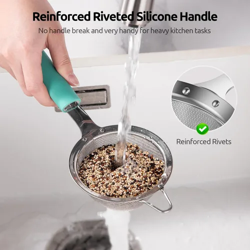 Vista 4 de U-Taste Colador de Malla Fina Pequeño: Acero Inoxidable 18/8 de 3.35 pulgadas, Tamiz de Cocina para Alimentos de 30 Mallas con Mango de Silicona
