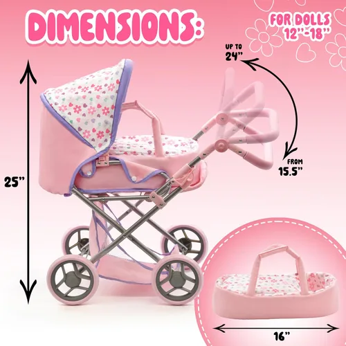 Vista 3 de Cochecito convertible de muñeca con moisés de viaje extraíble para niños, asa ajustable, con toldo y cesta de almacenamiento, 25 pulgadas