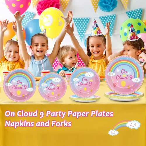 Vista 4 de 96 piezas de decoraciones de cumpleaños de On Cloud 9 para niñas, suministros de platos y servilletas de fiesta On Cloud 9, juego de vajilla