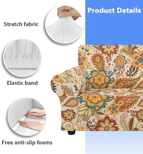 Vista 3 de Horeset Funda elástica para silla con diseño de flores hippie otoñales, funda para sofá, lavable, protección de muebles con espuma antideslizante