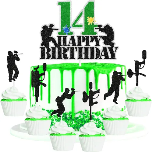 Vista 6 de Juego de 7 piezas de decoración para cupcakes de paintball para adolescentes de 9.º cumpleaños. Es la fiesta de cumpleaños perfecta con temática