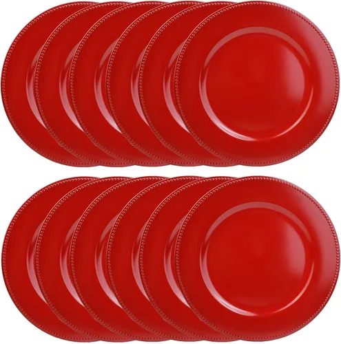 Vista 12 de Juego de 12 platos de carga dorados con cuentas. Cargadores de mesa de plástico reutilizables de 13 pulgadas para platos llanos Dorado beaded