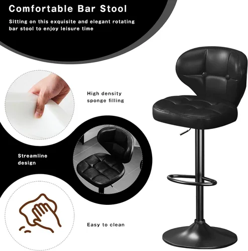 Vista 3 de Juego de 2 taburetes de bar, sillas de bar giratorias ajustables con respaldo y reposapiés, modernos taburetes tapizados de piel sintética para isla