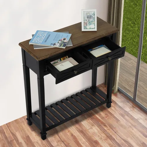 Vista 4 de KINTNESS Mesa de entrada, mesa consola estrecha con 2 cajones, mesa auxiliar de sofá con estantes para sala de estar, pasillo, color negro