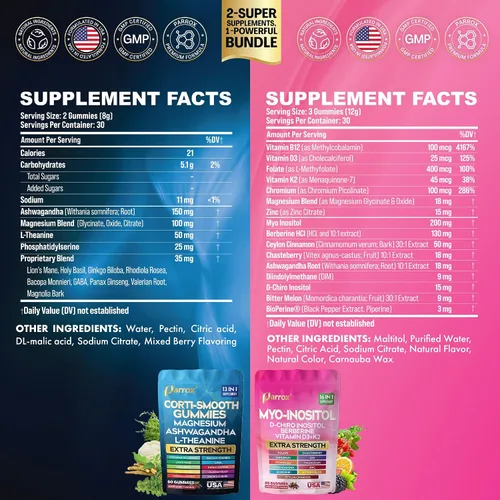 Vista 2 de Paquete de gomitas calmantes y lisas: suplemento de cortisol y mio-inositol con D-Chiro inositol, berberina, magenesio, ashwagandha, L-teanina