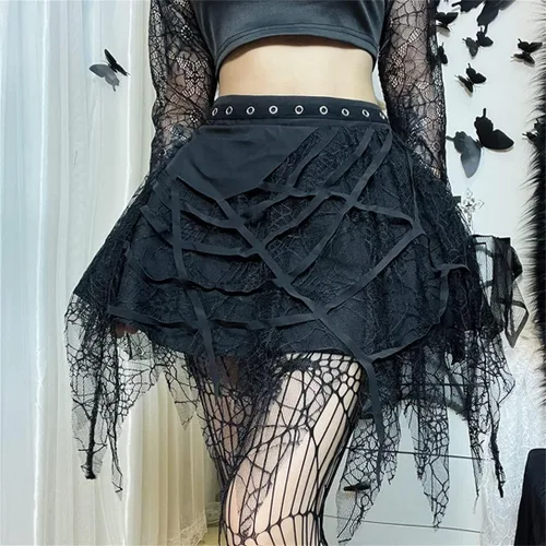 Vista 3 de TOMETO STAR Faldas irregulares de malla para mujer, con cremallera de pentagrama, punk gótica, oscuridad, falda casual suelta para club