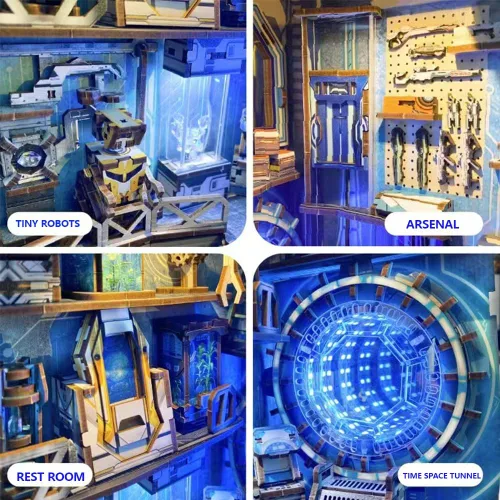 Vista 4 de Cyberpunk - Kit de rincón de libro, kit de casa de muñecas de bricolaje 3D rompecabezas de madera con decoración futurista LED, decoración del hogar