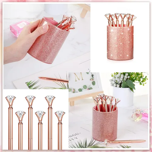 Vista 5 de BBTO Portalápices con 6 bolígrafos de diamantes brillantes, tazas para lápices para escritorio, organizador de escritorio con purpurina, soporte