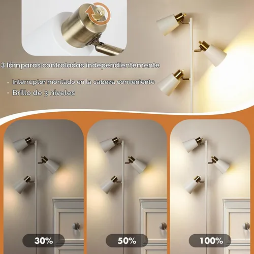 Vista 2 de Lámpara de pie estilo árbol para sala de estar, lámpara de pie industrial de 3 luces con 3 bombillas LED, cabezas giratorias ajustables, lámpara