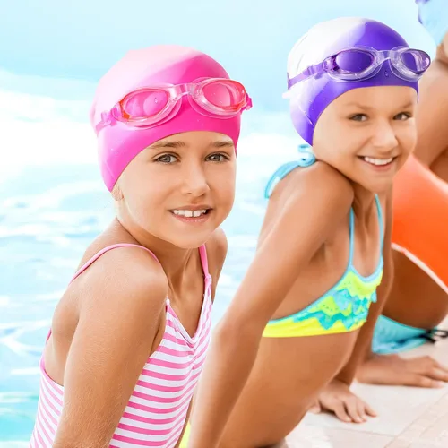 Vista 7 de 8 Pack Kids Swim Caps for Girls, Silicone Swimming Cap for Age 6-14 with Goggles Ear Plug Nose Clip for Children Boys Girls