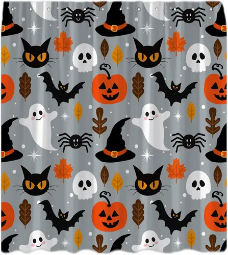 Vista 11 de Cortina de ducha azul de Halloween, linda cortina de baño de fantasma, terror, calabaza, espeluznante, gato negro, calavera aterradora, murciélago