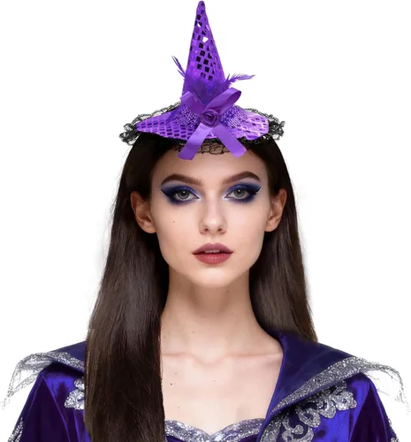 Vista 8 de ZeeDix Diademas de sombrero de bruja de Halloween para mujer, accesorios de 3 piezas (3 colores)