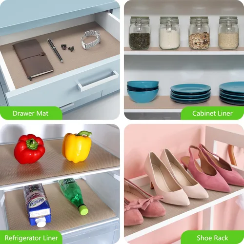 Vista 6 de Revestimientos de estantes beige para armarios de cocina, revestimiento de cajones no adhesivo para baño, revestimientos impermeables