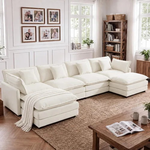 Vista 32 de Tmsan Chenille Cloud - Juego de sofá y silla, color beige y blanco Blanco beige
