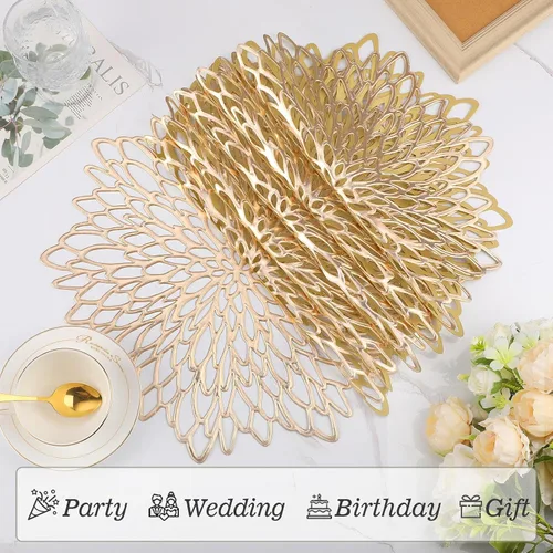 Vista 3 de AdasBridal Juego de 6 manteles individuales redondos dorados para mesa de comedor, manteles individuales de vinilo huecos para decoración de mesa