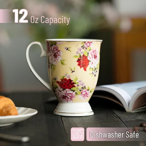 Vista 3 de BTT- Tazas de café grandes, 12 onzas, juego de 4, tazas florales para tazas de café, porcelana de porcelana, taza de té