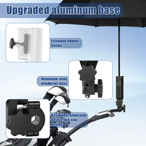 Vista 7 de Soporte de paraguas de carrito de golf resistente, base de aleación de aluminio ajustable de 180°, resistente al viento, soporte universal