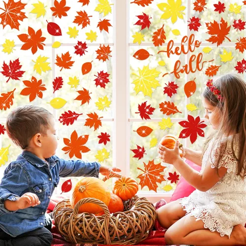 Vista 3 de Whaline 105 calcomanías de ventana de hojas de arce con purpurina de otoño, coloridas calcomanías de vidrio de doble cara para otoño, cosecha