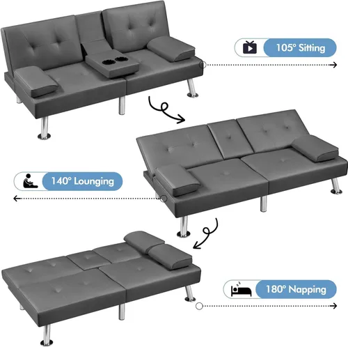 Vista 3 de Sofá cama tipo futón plegable convertible con patas de metal y 2 portavasos, moderno sofá biplaza tapizado de piel sintética, sofá biplaza cama
