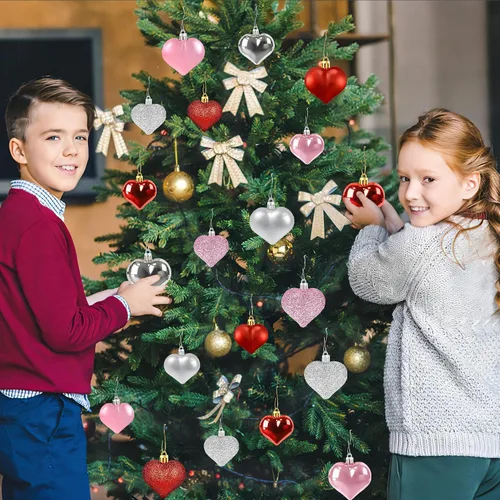 Vista 7 de 48 adornos de corazón para decoraciones del día de San Valentín, 2 tamaños de adornos en forma de corazón para árbol de Navidad de San Valentín