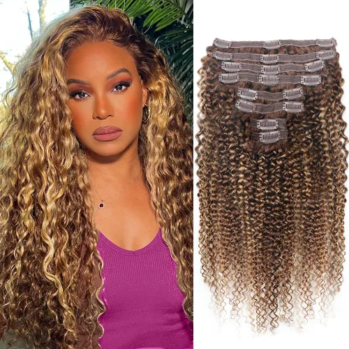 Vista 15 de Extensiones de cabello humano real rizado con clip, balayage, color marrón chocolate a rubio caramelo, 8 piezas con 18 clips, 4.23 oz/juego