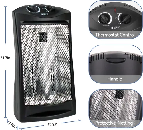 Vista 6 de BEYOND HEAT Calentador de torre radiante infrarrojo de cuarzo eléctrico de 1500 W, calentador de espacio portátil con protección contra vuelco