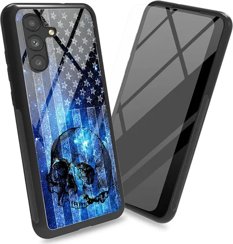 Vista 8 de Funda para Samsung Galaxy A13 5G con protector de pantalla, cubierta trasera de vidrio templado, diseño de flores de gato negro, marco de Flores