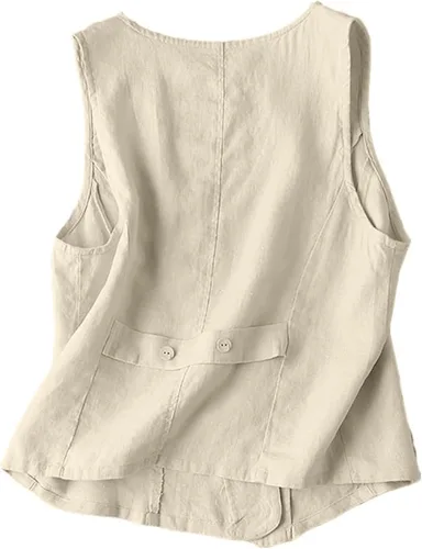 Vista 2 de UATKIMI Chaleco de lino de algodón para mujer, casual, holgado, cuello en V, sin mangas, chaqueta, Beige