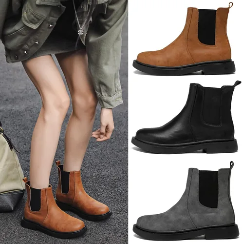 Vista 2 de DADAWEN Botas Chelsea de combate para mujer con elástico a la moda, puntera redonda, botines cómodos para mujer