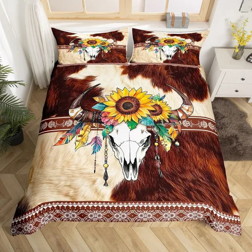 Vista 31 de Erosebridal Funda de edredón de piel de vaca marrón con estampado de vaca de las tierras altas, juego de ropa de cama occidental exótico azteca