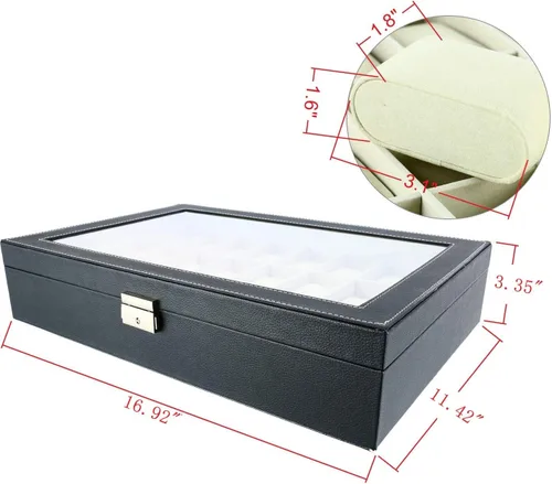 Vista 2 de DasMarine Estuche de 24 ranuras para reloj, funda de piel sintética para hombres y mujeres, organizador de reloj, parte superior acrílica, caja