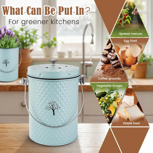 Vista 5 de AOSION Contenedor de compostaje para encimera de cocina, contenedor de compostaje interior resistente al olor con tapa y 50 bolsas de compost, Azul